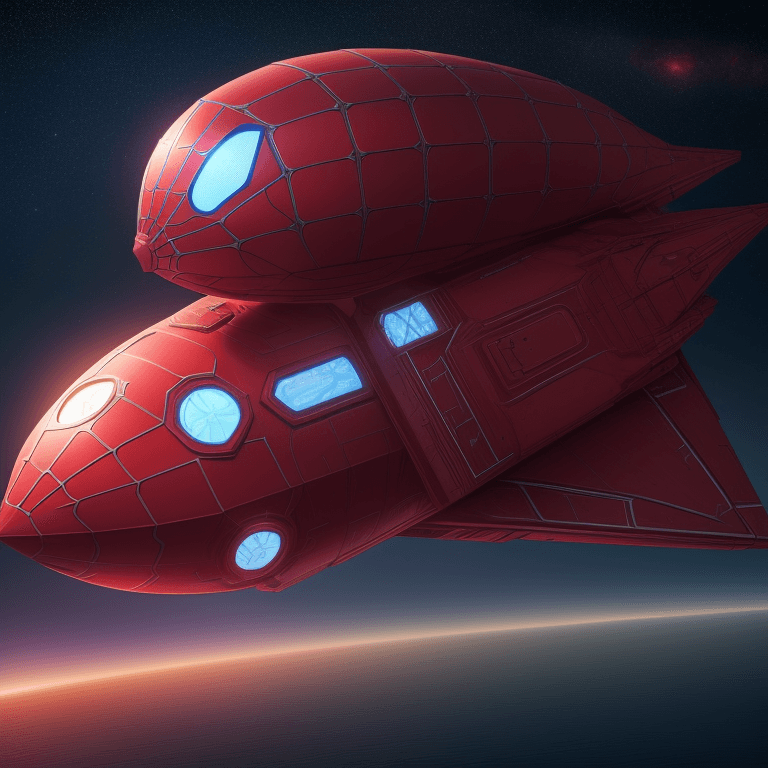 AI generated: raw photo, spaceship shaped with logo spiderman  red color like a metallic airship, flying over a re...