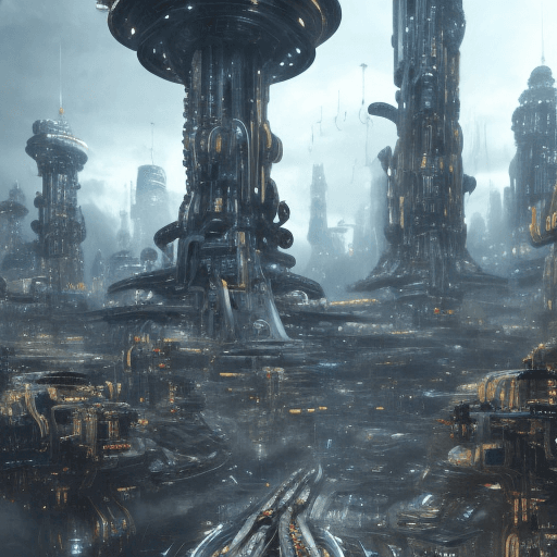 AI generated: sci fi people standing surrounded by huge sci fi robotic cyborg city with intricate mechancial and s...