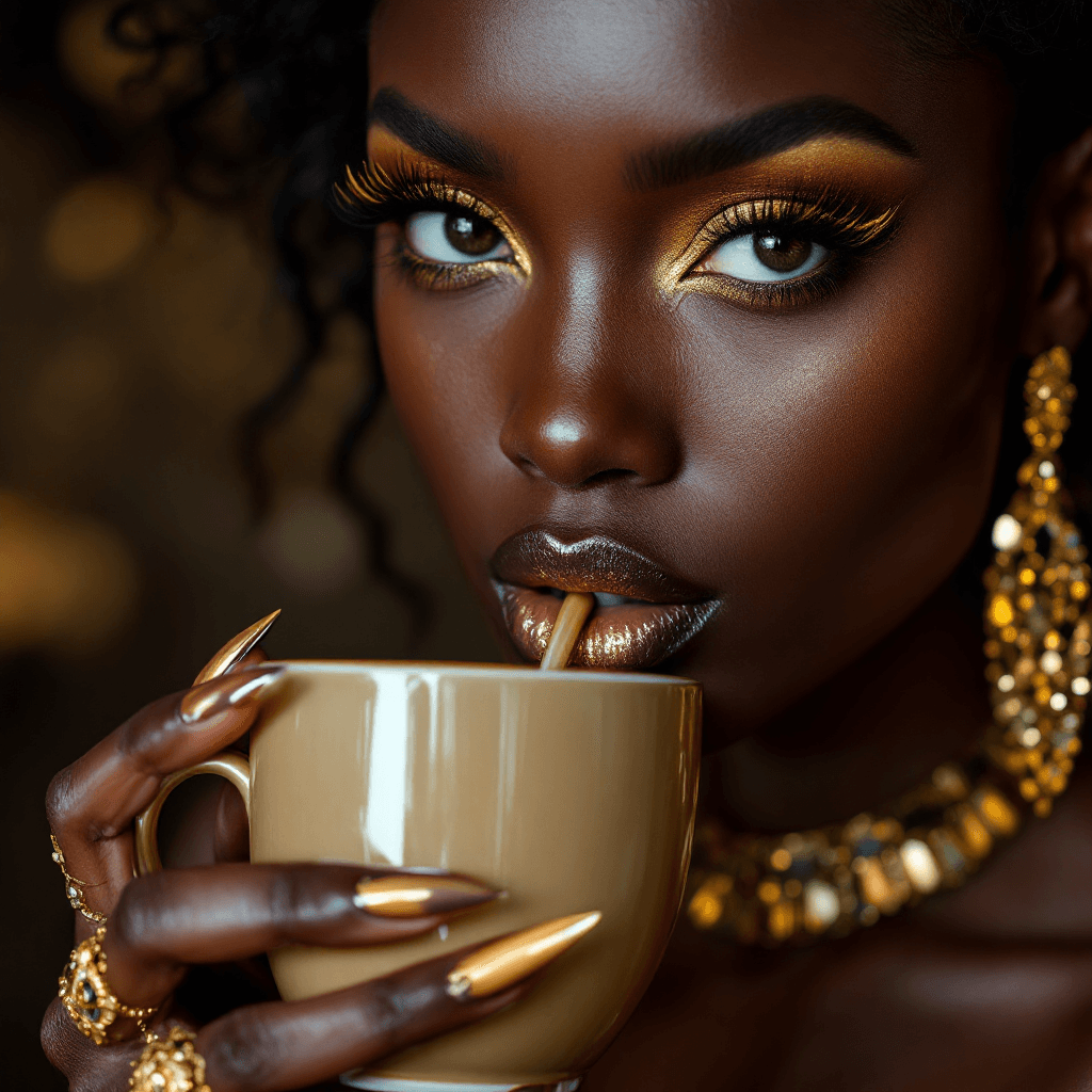 AI generated: A stunning portrait of a dark-skinned woman, done in a hyper-realistic style, with a captivating exp...