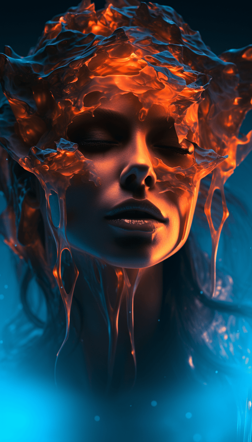 AI generated: A woman is splashing fire, in the style of futuristic glam, natalia drepina, dark cyan and orange, 8...
