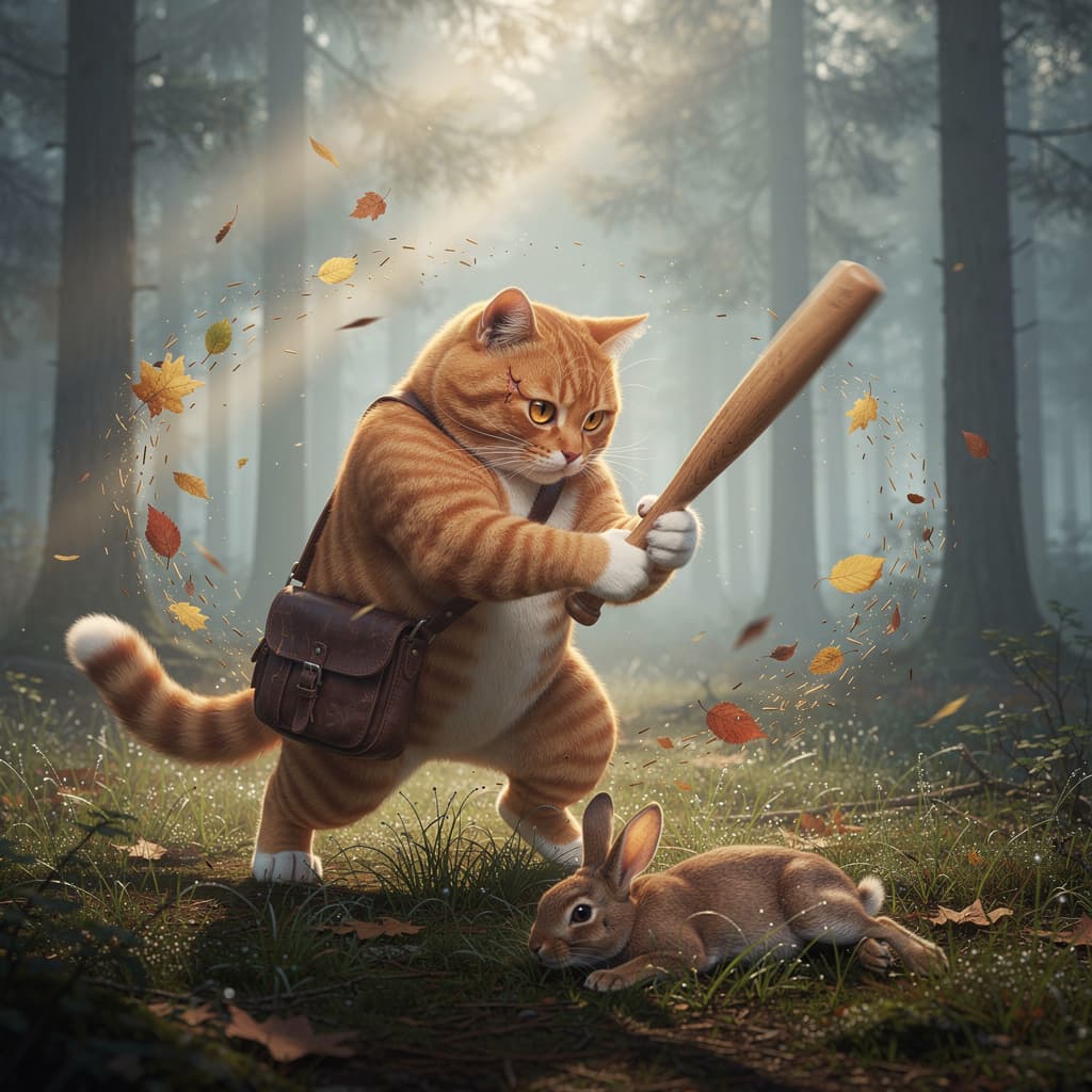 AI generated: A misty early morning forest with tall pine trees and floating light rays.
An oversized ginger cat (...