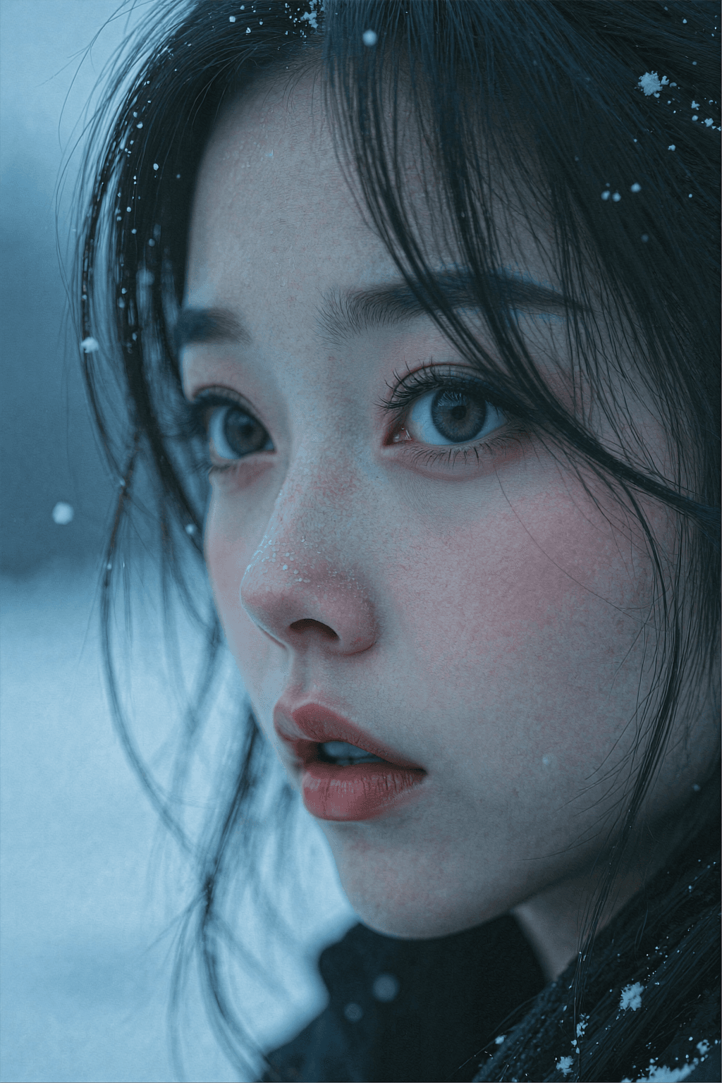 AI generated: A close-up cinematic portrait of a young korean woman standing in the snow, her face partially cover...