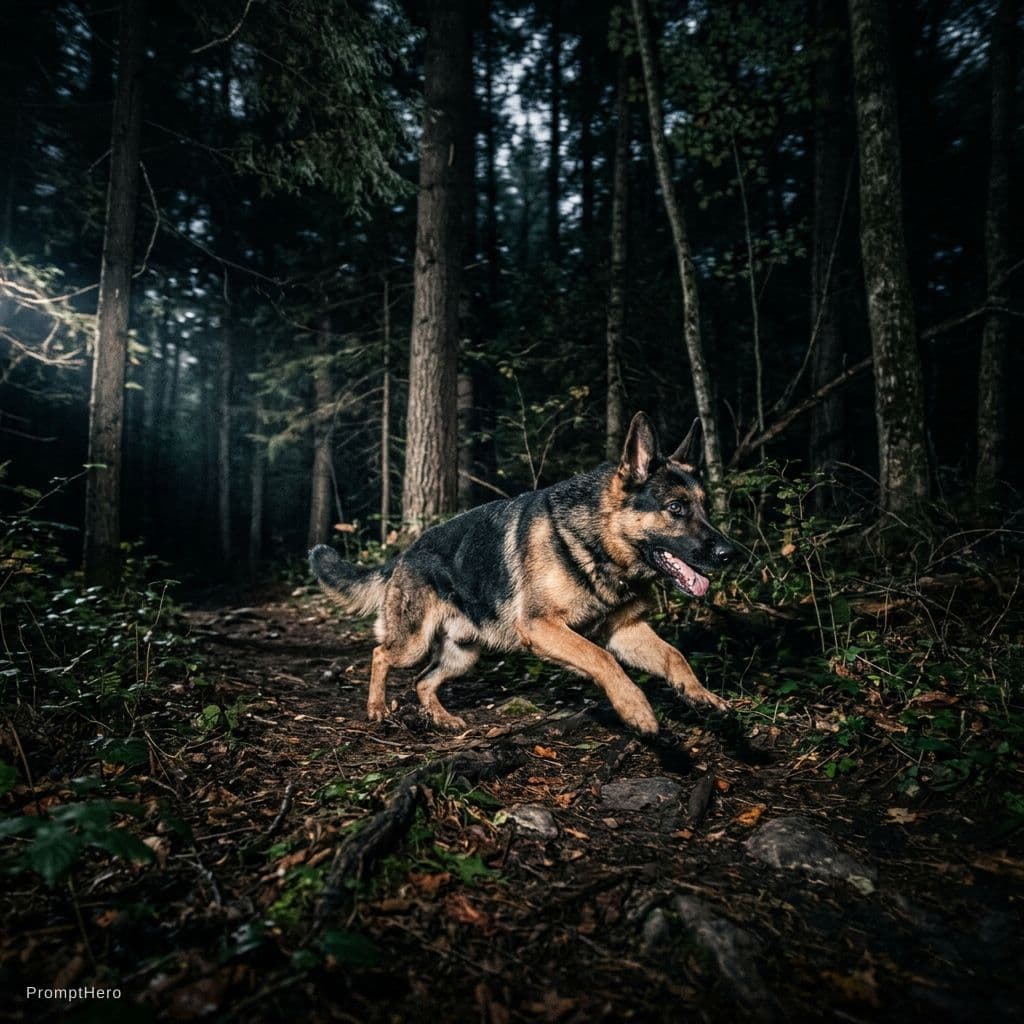 AI generated: A German Shepherd running through a forest at night