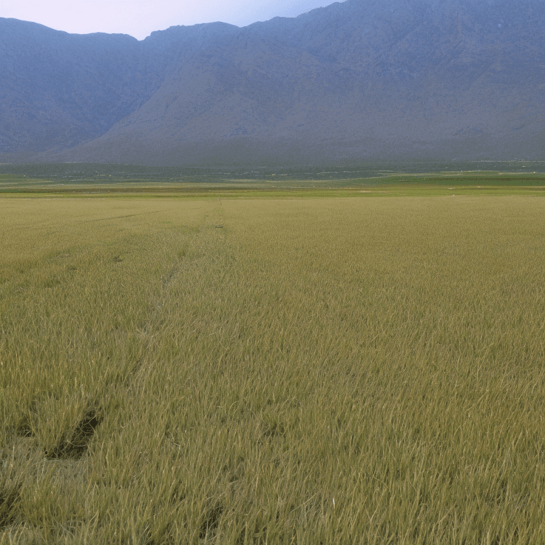 AI generated: a field with flat ditches against the background of mountains 