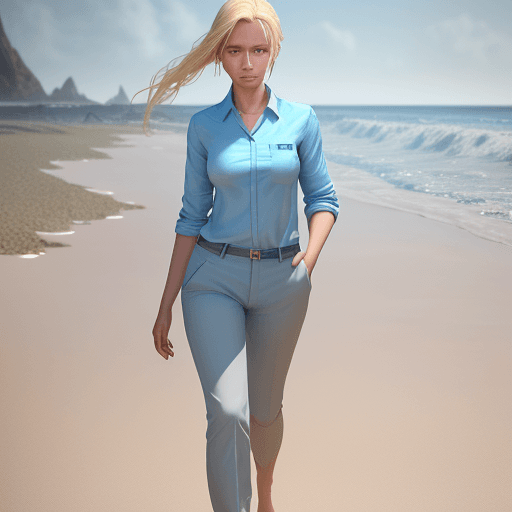 AI generated: A woman of age of 18, beautiful, woman wears work pants in transparent color , woman wears light blu...