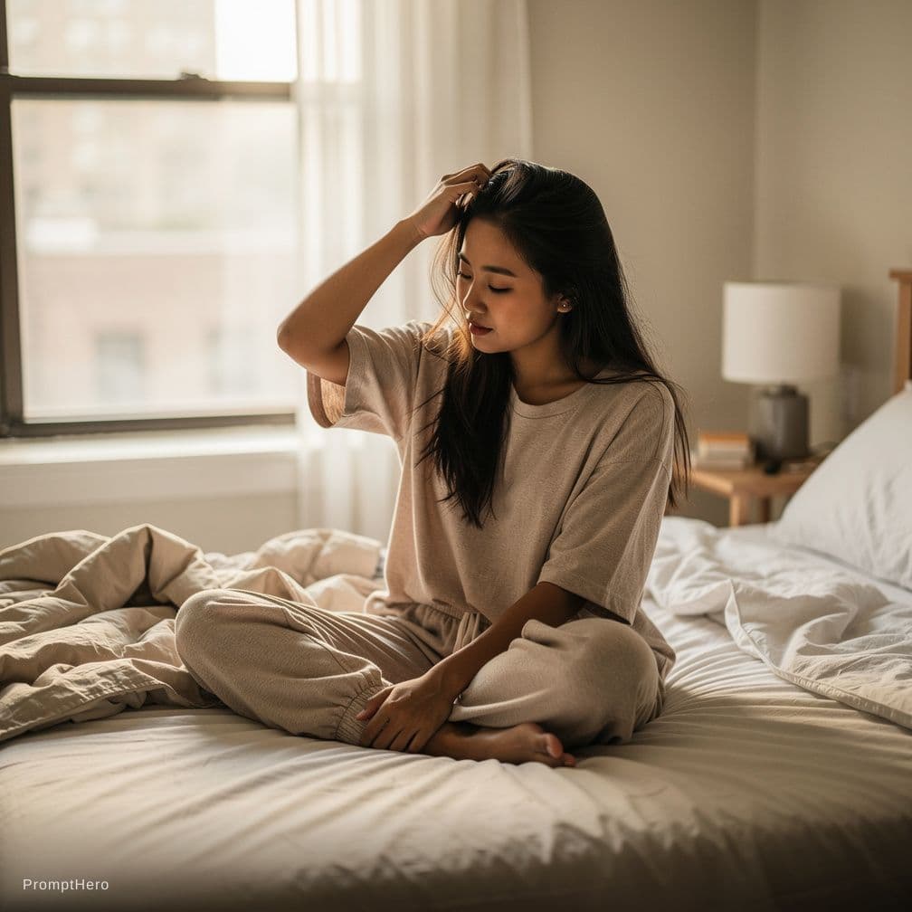 AI generated: Filipina girl 21 years old with olive skin wearing bra and undies.Sitting on the bed of her New York...