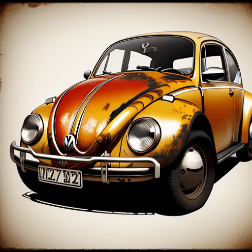 AI generated:  vw beetle vintage poster, in the style of rustic simplicity, gritty reportage, kombuchapunk, rusty ...