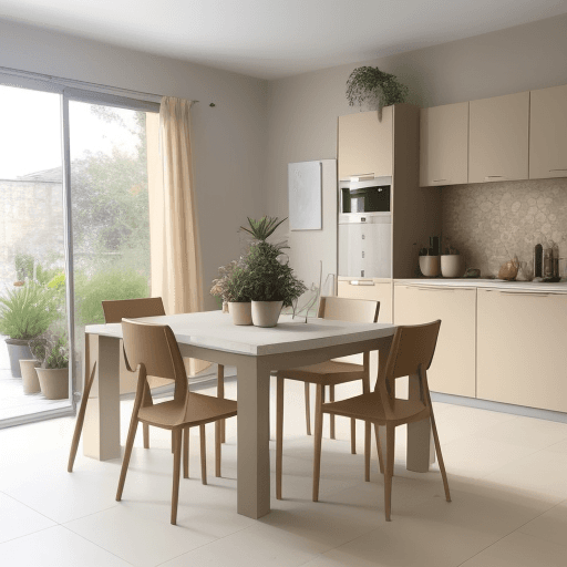 AI generated: une grande cuisine avec un ensemble de cuisine beige et ocre, sol en marbre beige, murs en plâtre gr...