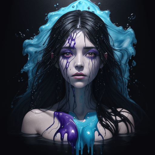 AI generated: A half body portrait of a woman made of blood, half body is submerged in blue and purple slime
black...