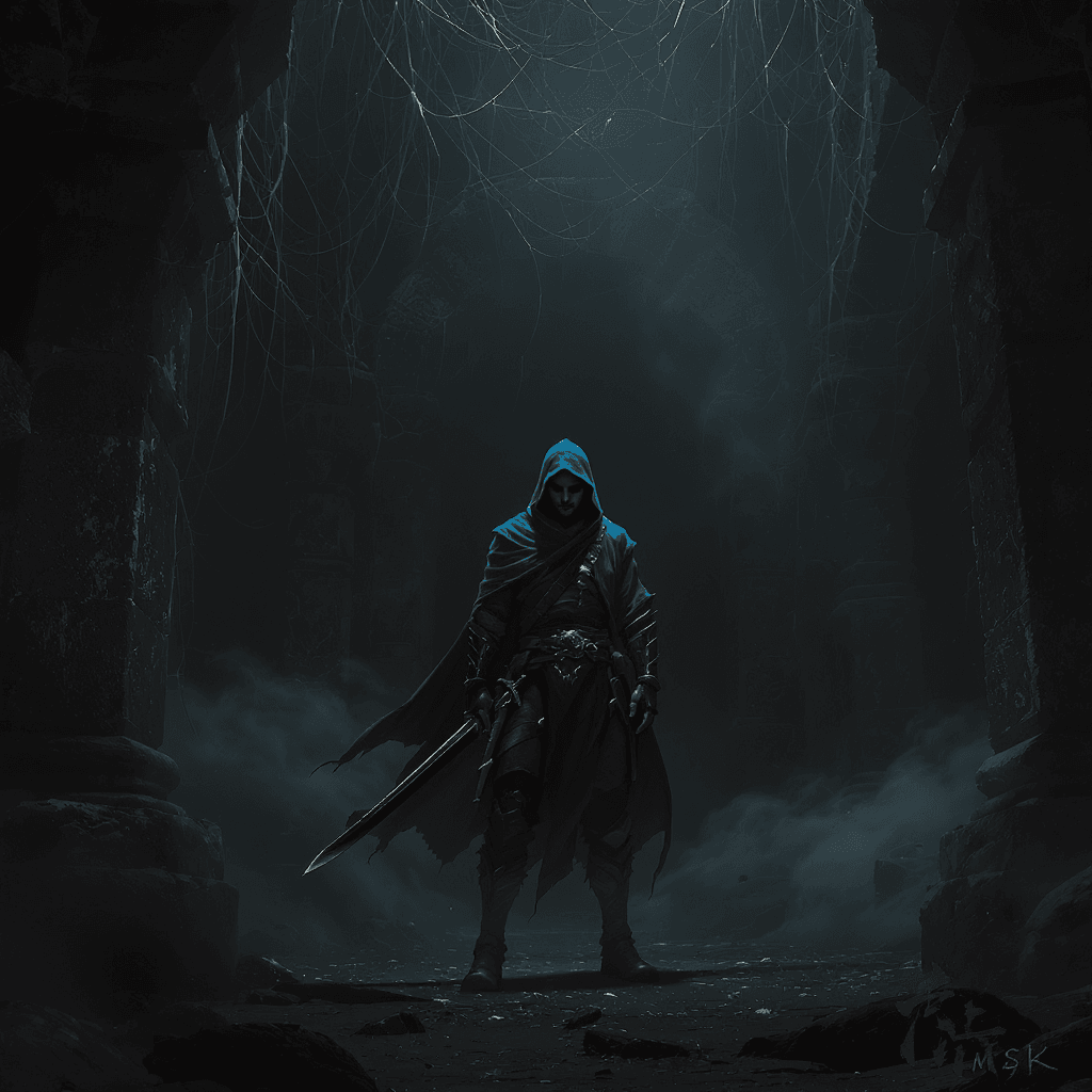 AI generated: mksks style, Full-body shot of a lone male hunter in MKSK style, wearing a blue hoodie, standing at ...