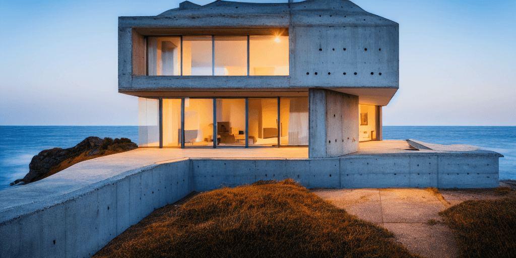 AI generated: an 8K, hyper realistic photo of a beautiful house where edges are made of concrete and most of the w...