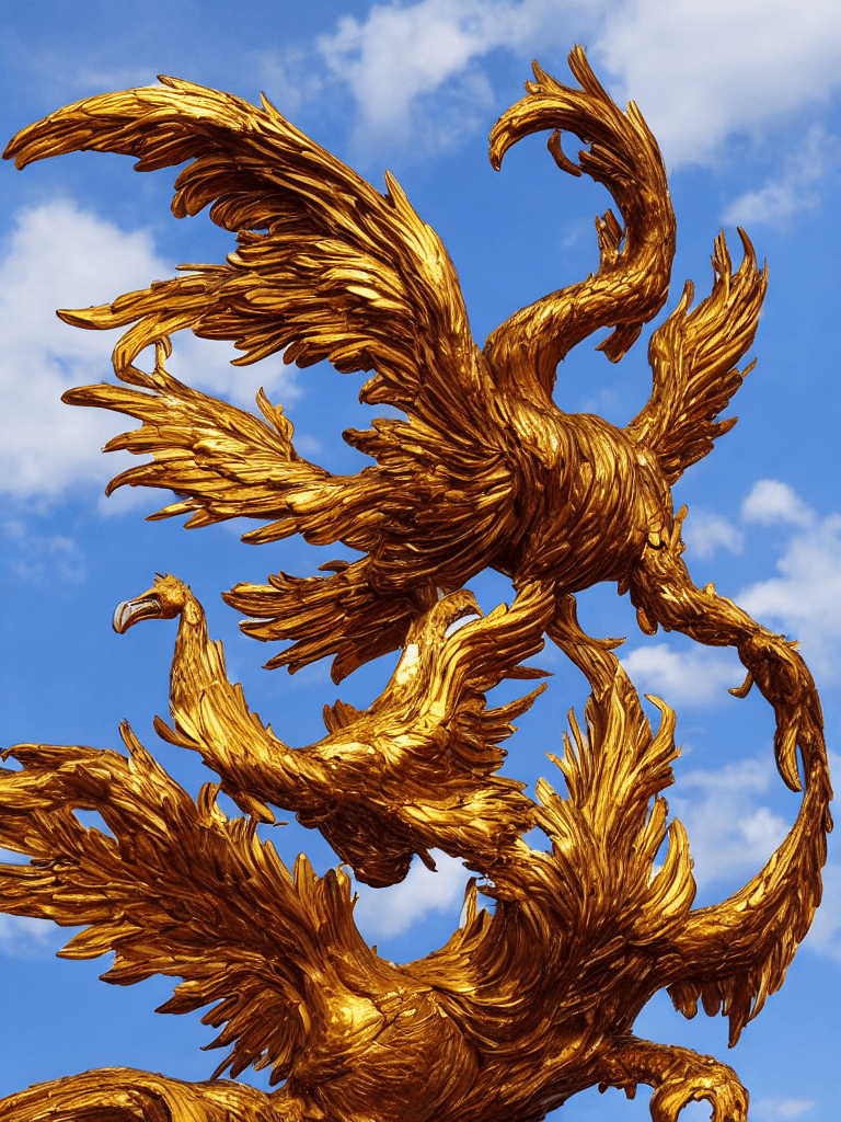 AI generated: A majestic phoenix with vibrant plumage, its fiery wings spread wide, golden feathers illuminating a...