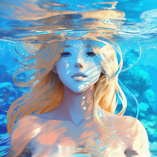AI generated: Under water modern GODDESS, BLUE SKIN, RICH BLONDE HAIR, BEAUTIFUL FACE, well-made body and face, TH...