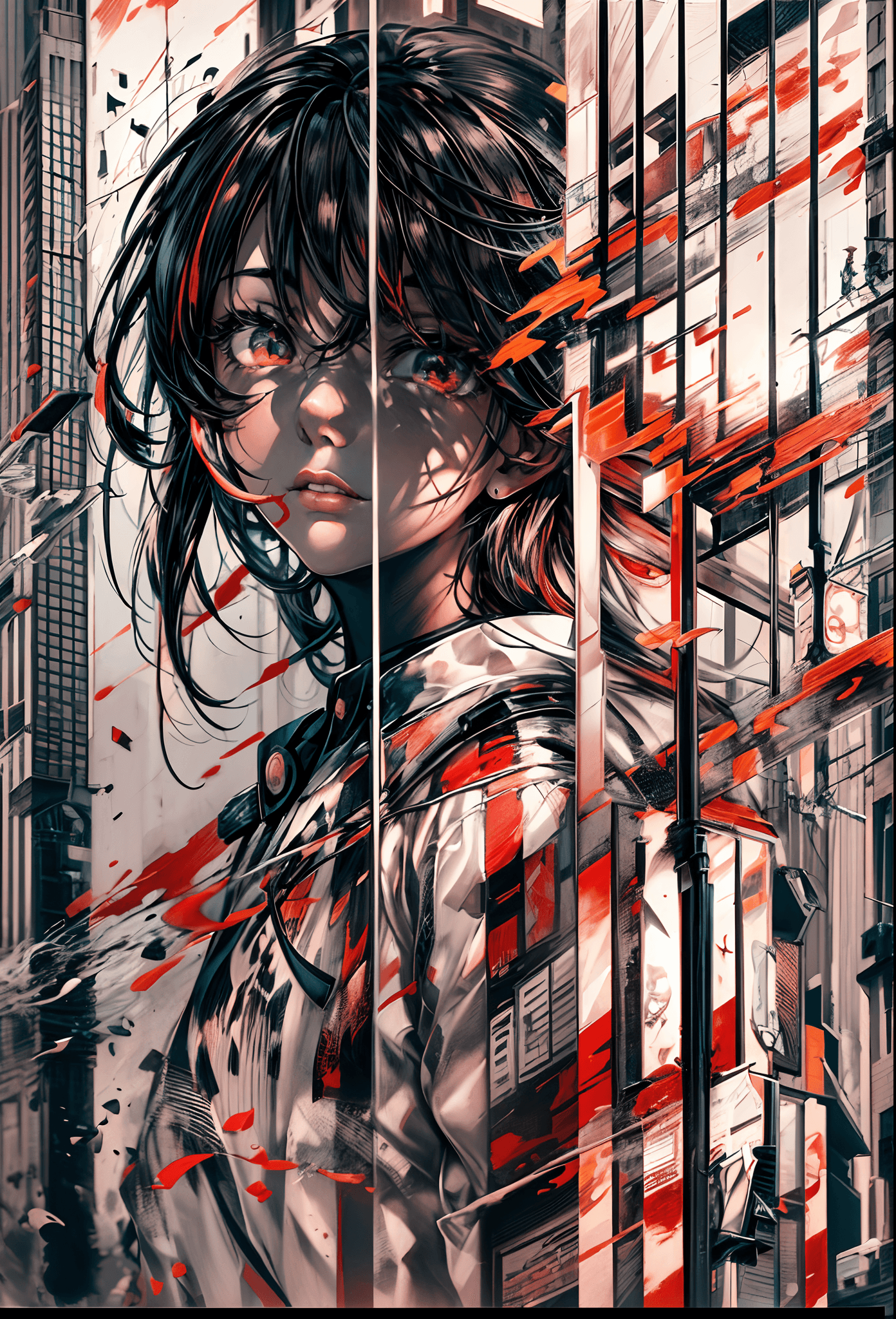 AI generated: masterpiece, (beautiful and aesthetic:1.5), highly detailed, a painting of 1girl with red and black ...