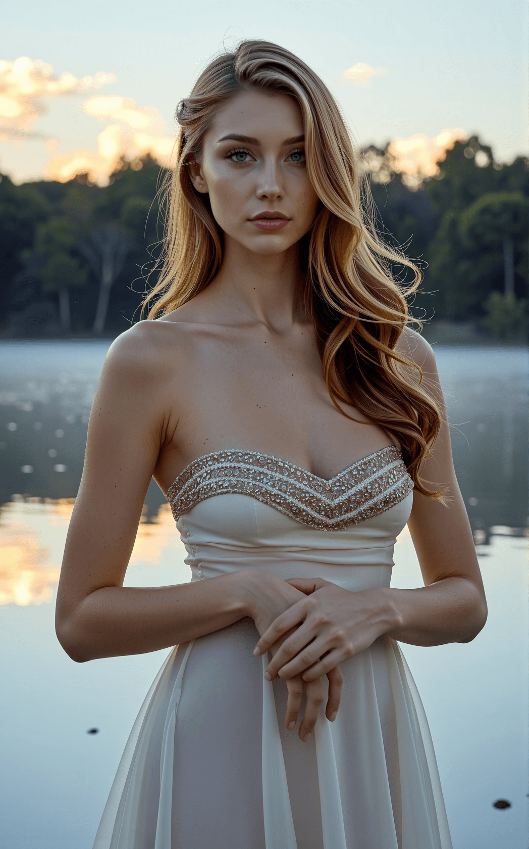 AI generated: A radiant top model stands at a tranquil lakeside at dawn, instantly recognizable by her long, wavy ...