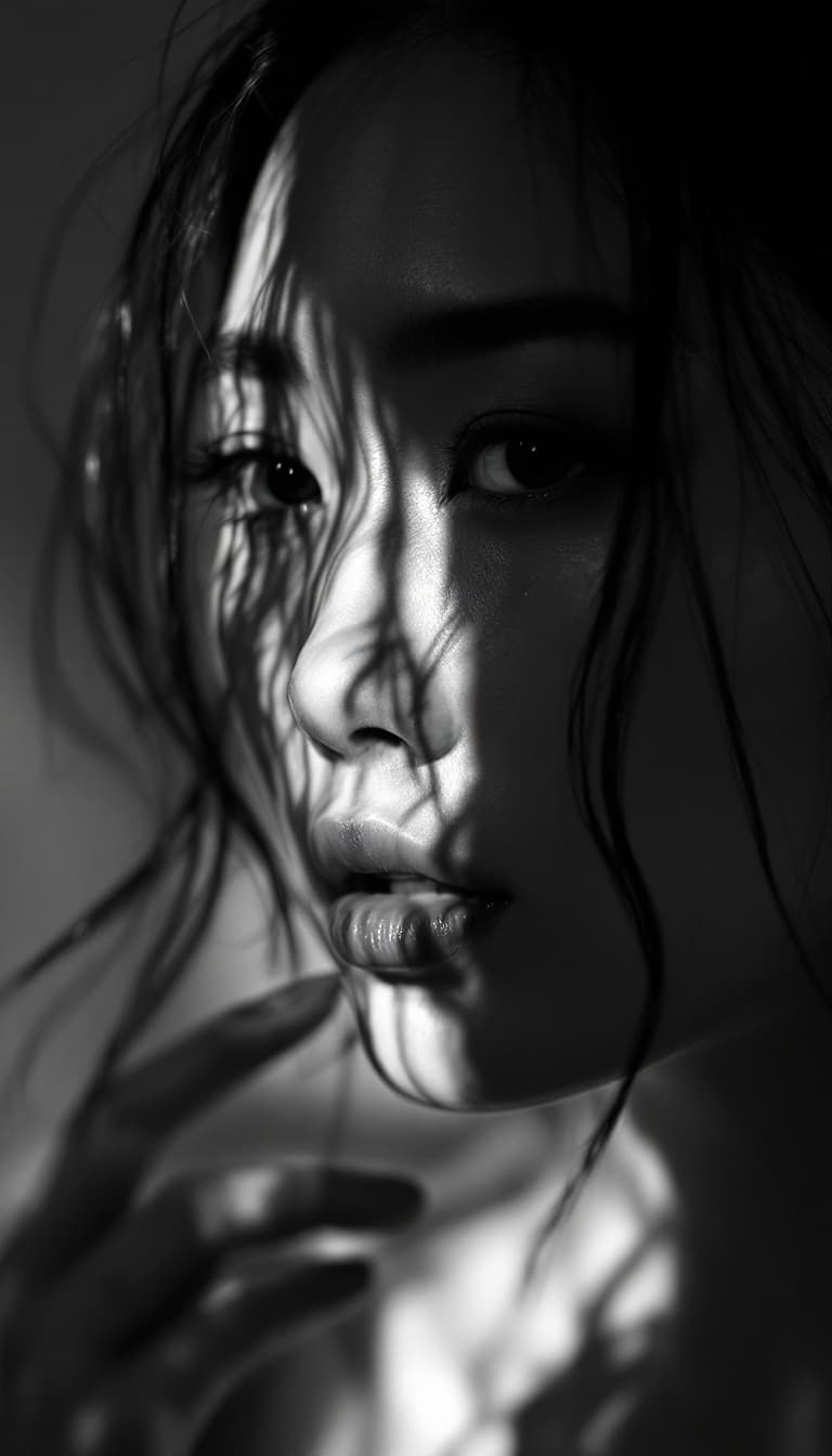 AI generated: a black and white photo of a chinese woman with shadow., in the style of minimalist beauty, light br...