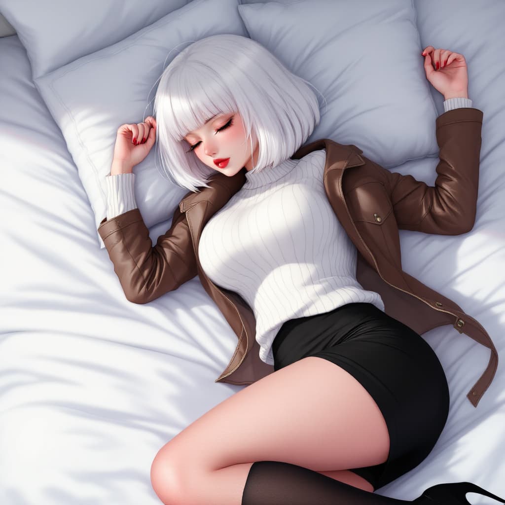 AI generated: anime, woman, white hair, bob cut, closed eyes, freckles, red lips, white sweater, tight sweater, sh...