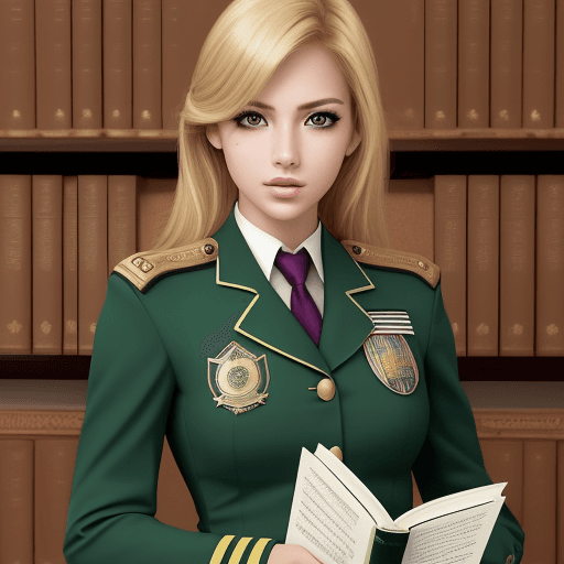 AI generated: chica sexy, guapa y elegante, lee un libro en la biblioteca, rubia ojos verdes, uniforme universidad...
