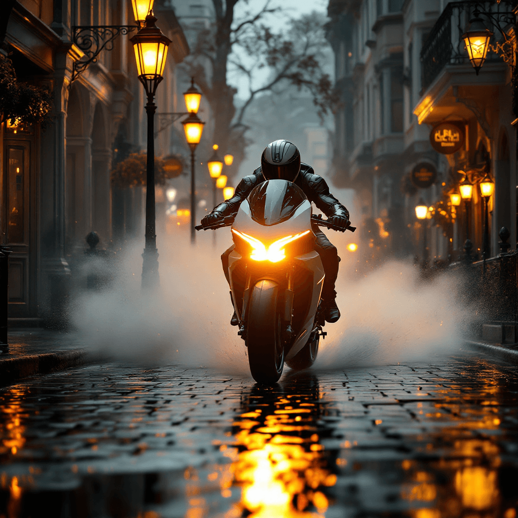 AI generated: A scene of an isle of white motorcycle racing down a cobblestone Victorian-era street, merging the e...