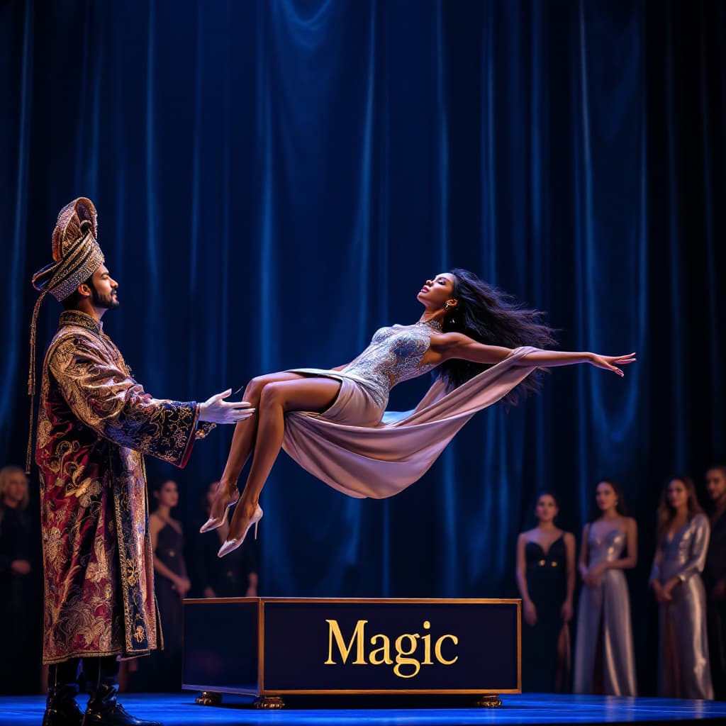 AI generated: A modern, 2020s-era photorealistic photograph of a grand stage illusion performance. The magician, w...