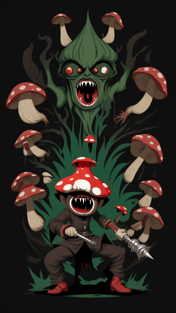 AI generated: vector horror art on the diverse background, a screaming crazy anthropomorphic evil mushroom with a ...