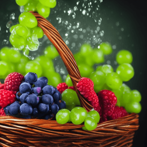 AI generated: a basket full of various berries and green grapes,   explode with huge particles splashing on the ai...