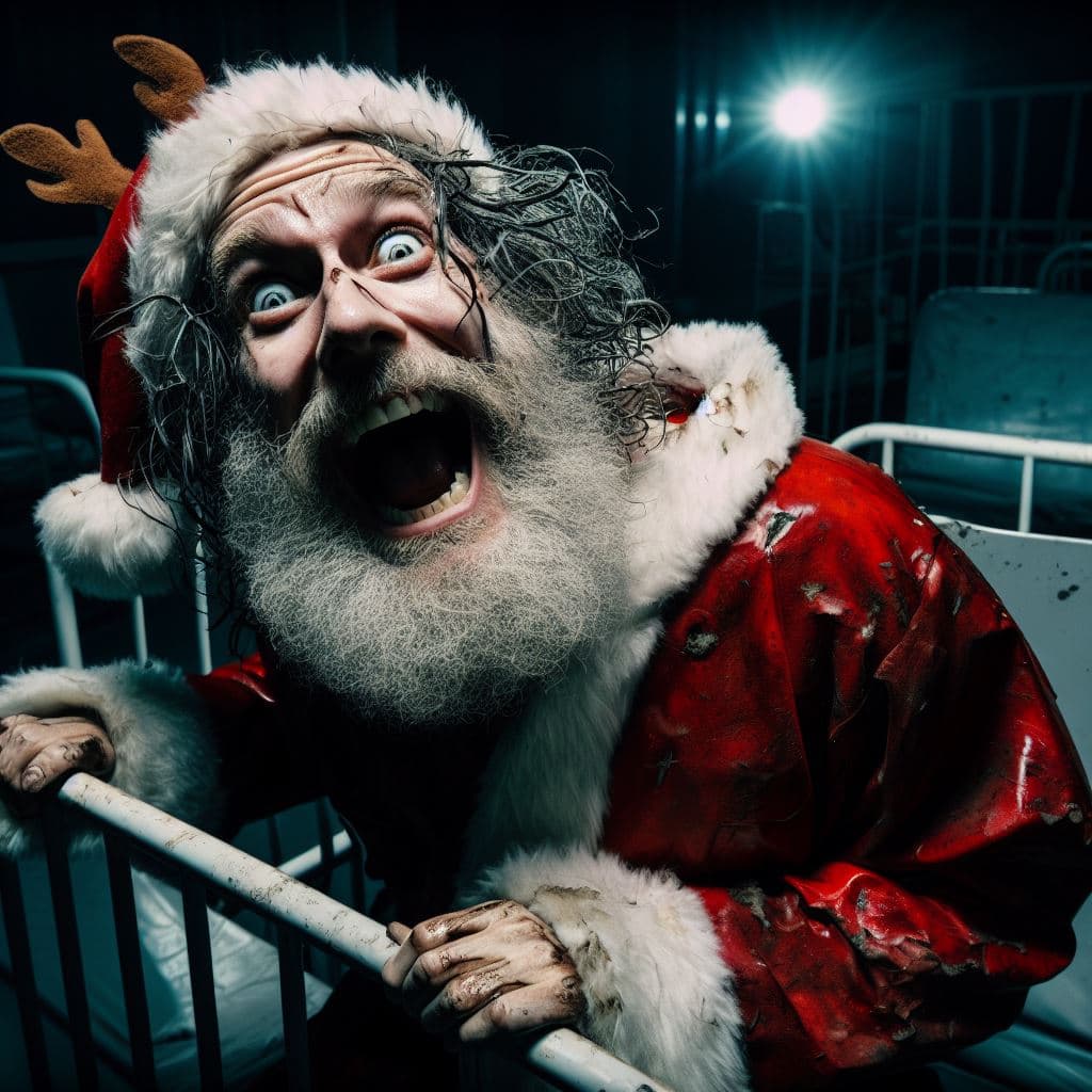 AI generated: Santa Clause, dirty, neglected in a padded cell in a psychiatric hospital, he looks and laughs distu...