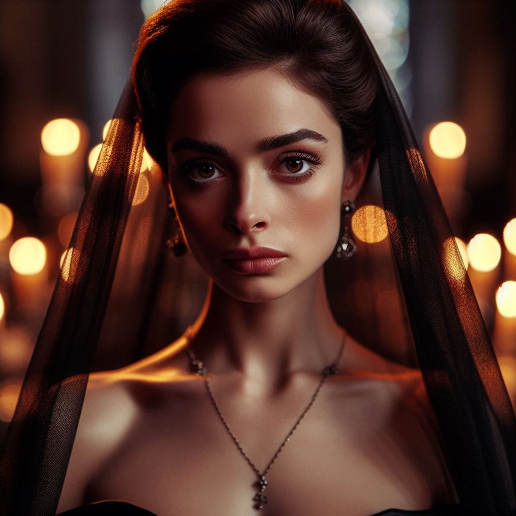 AI generated: Nadav Kander, Annie Liebovitz, sad elegant portrait, a beautiful Spanish widow, a black veil, with g...