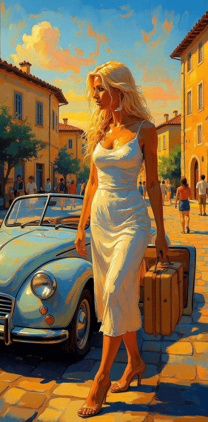 AI generated: portrait of a long blonde hair woman, in the style of Greg Hildebrandt, provance landscapes, a woman...