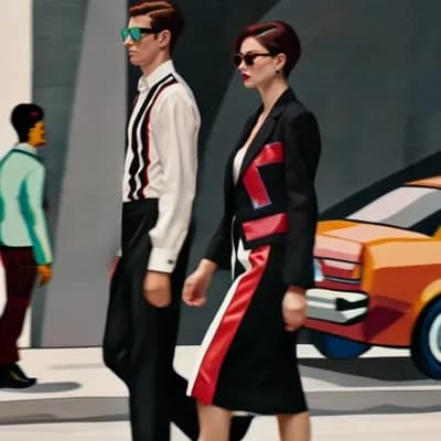 AI generated video: walking briskly, Bold Fashion Duo, vibrant fashion illustration, bold stripes and colors, featuring ...