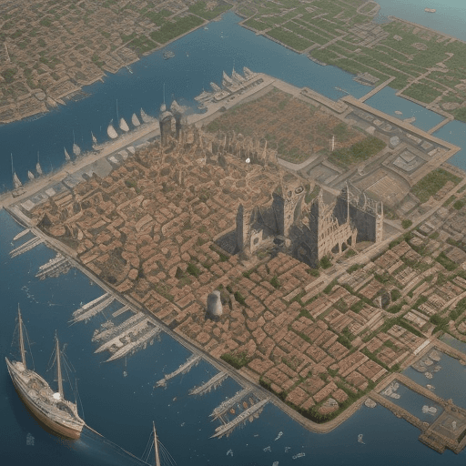 AI generated: large port city that include buildings, common town looks, including the harbor district, the old to...