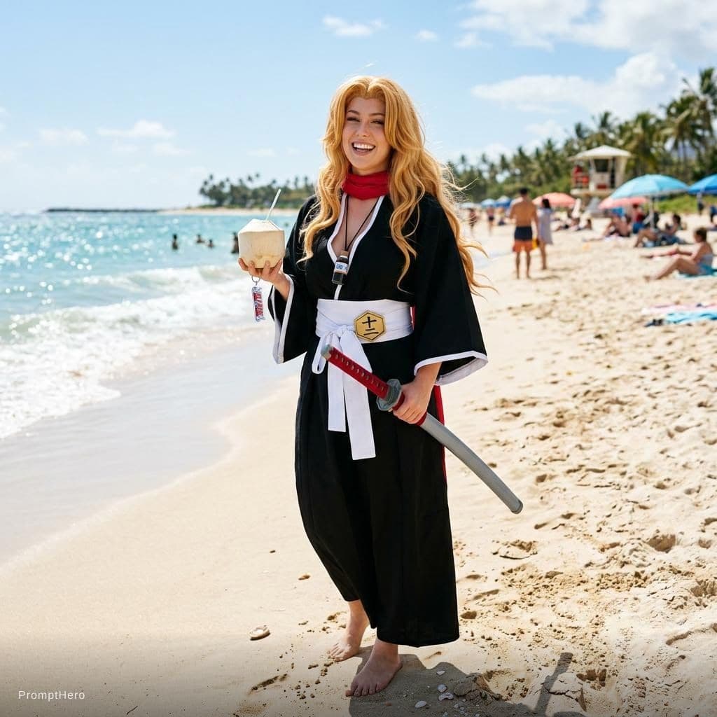 AI generated: a image of rangiku from bleach at a beach make it look like its cosplay