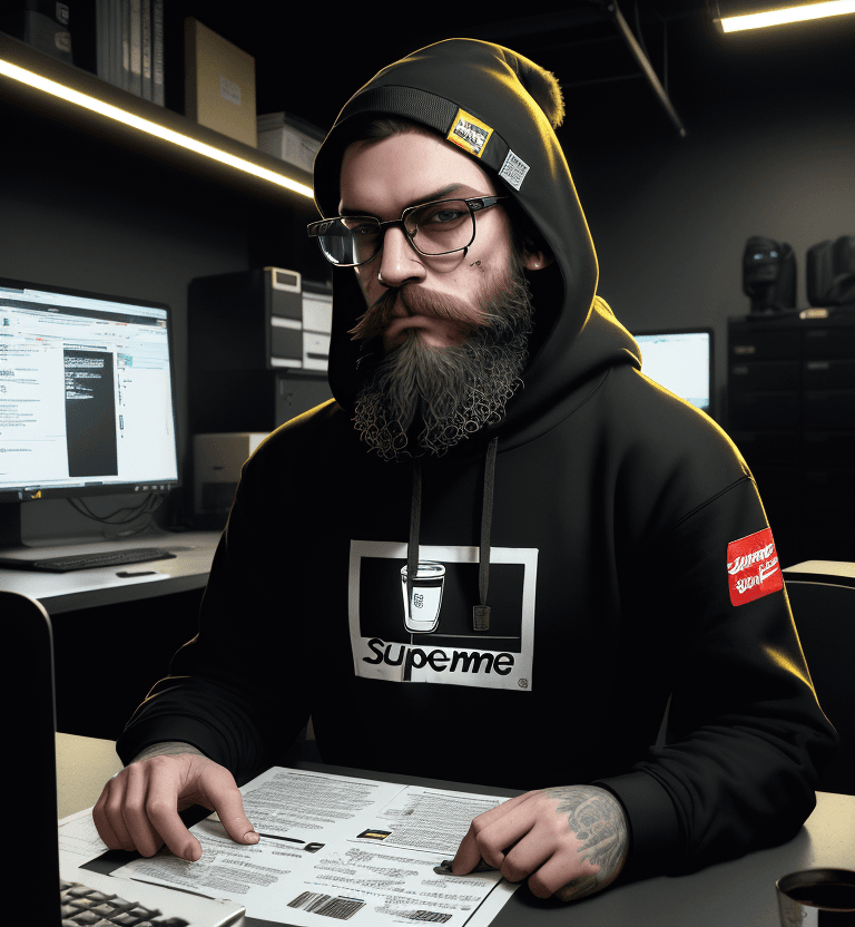 AI generated: hacker, darkroom, coder, computer, man, medium beard, cool, grunge, (typing), ultra detailed detaile...