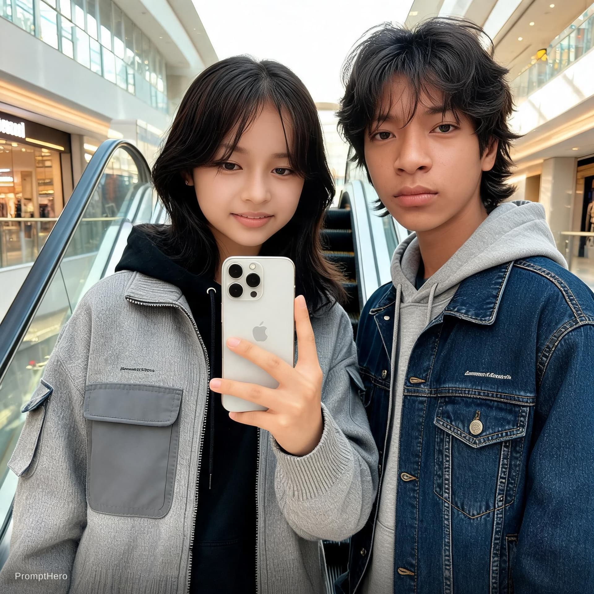 AI generated: a selfie take with her hand, instagram style, one young korean woman with boy professional model tak...