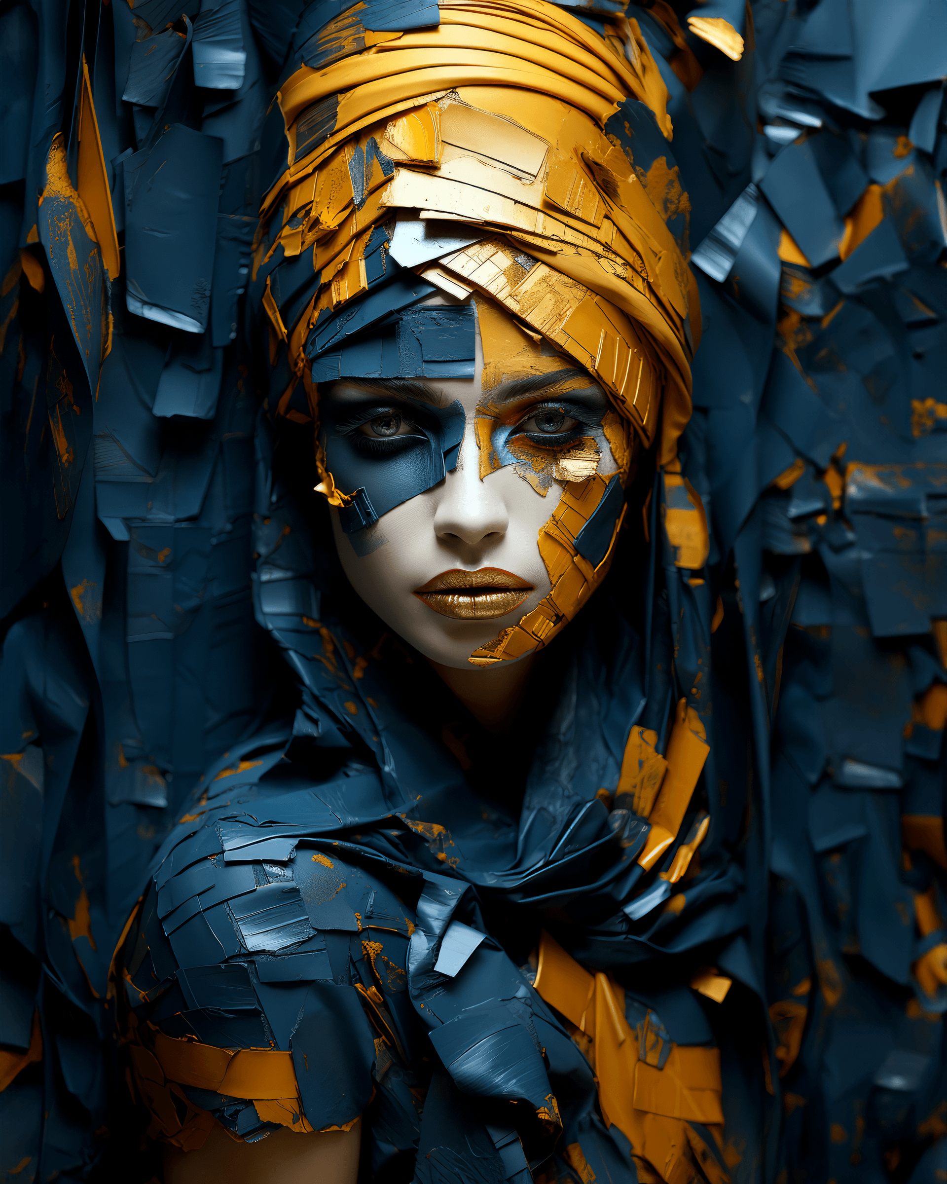 AI generated: a woman is dressed in a colorful cloth and gold jewelry, in the style of textured abstract expressio...