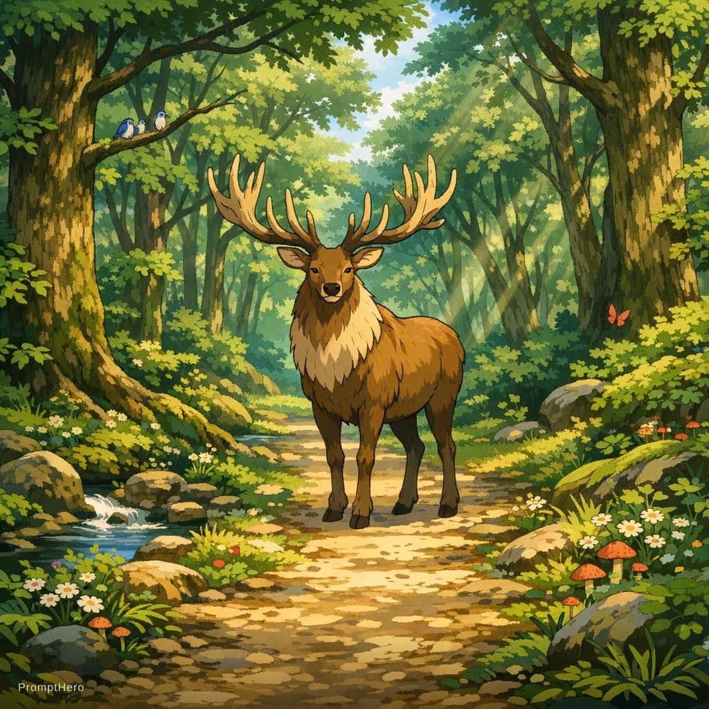 AI generated: Studio Ghibli style forest scene featuring a majestic elk on the path