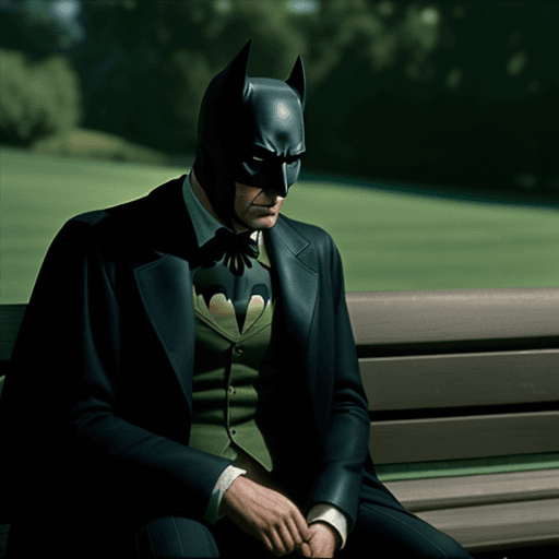 AI generated: Countryside gentleman batman shot by sofia coppola, staring at camera, sitting on a bench::Cinematic...