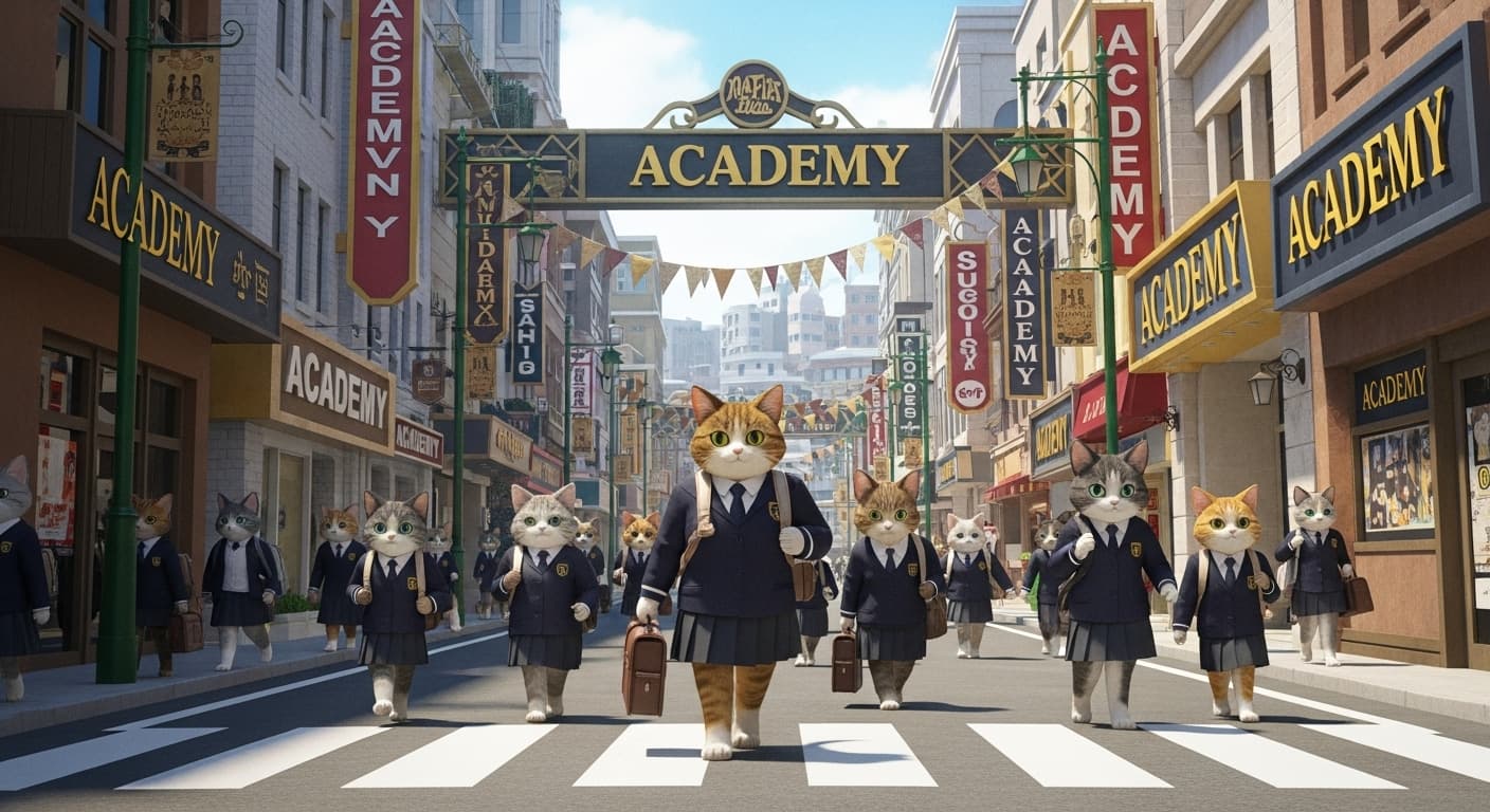 AI generated: Wide shot captured on 35mm film of a bustling academy street filled with numerous academy signs and ...