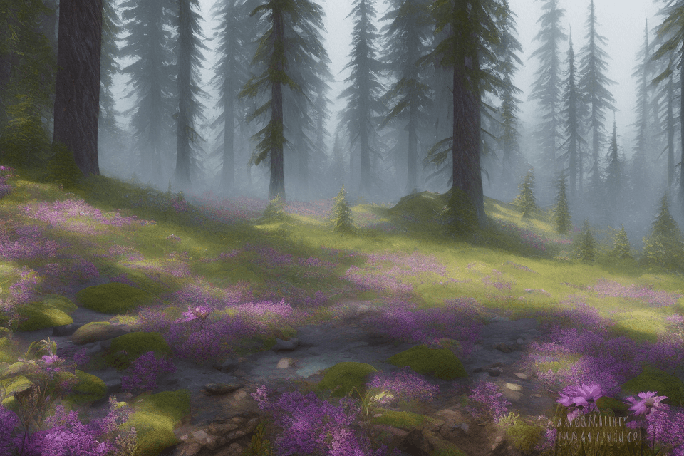 AI generated: pacific northwest, forest, wildflowers, raining, unreal engine, watercolor, epic dreamlike fantasy l...