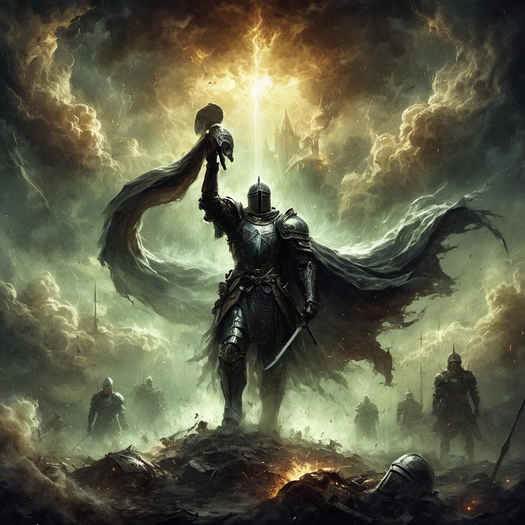 AI generated: A hyper-realistic fantasy image depicting a powerful, ethereal scene featuring a dark-armored knight...