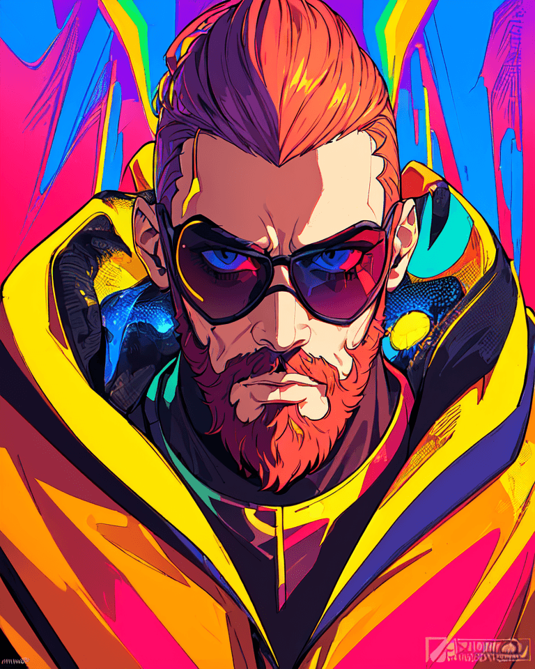 AI generated: a man with a beard and sunglasses, cyberpunk art, funk art, stunning gradient colors, stylized portr...