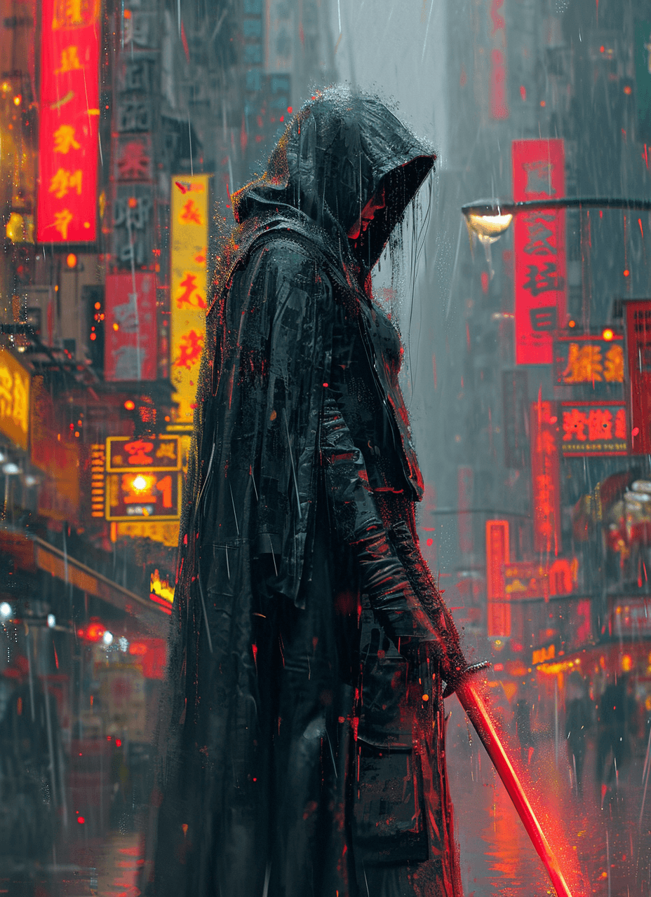 AI generated: a woman in a black cloak with a sword standing on the street, in the style of cyberpunk manga, asian...