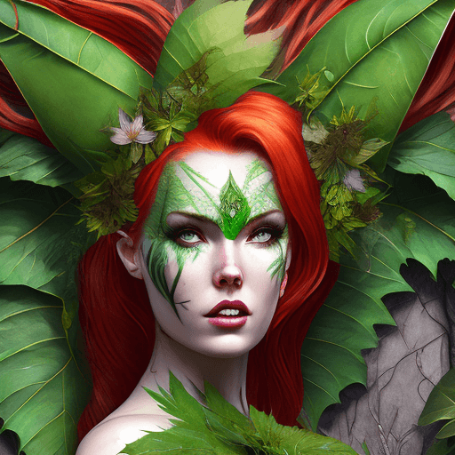AI generated: ultra detailed photo shot of a woman (Jia Lissa) dressed as Poison Ivy, with wings made of ((grassy-...
