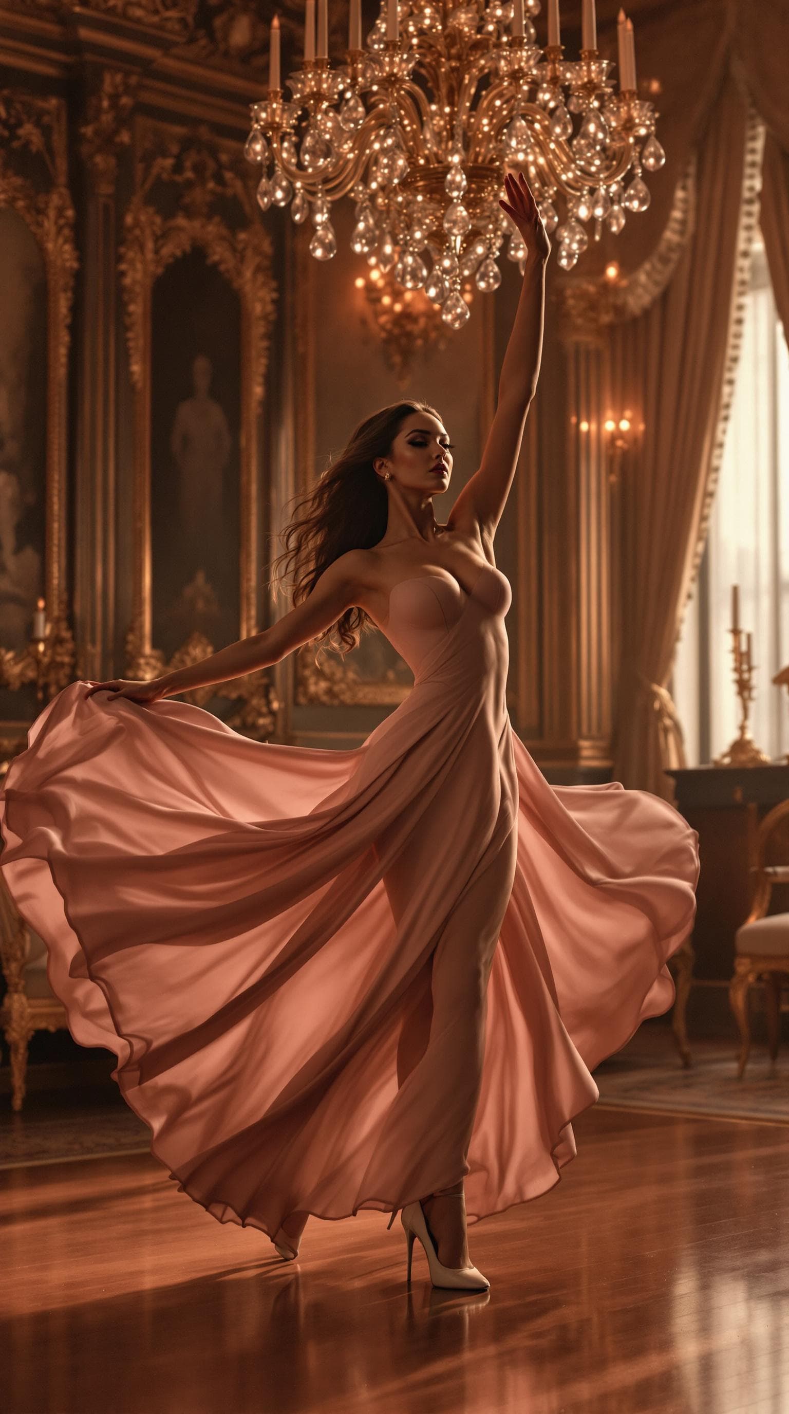 AI generated: In a lavish ballroom, a stunning dancer with a fit and curvaceous body performs an elegant routine. ...