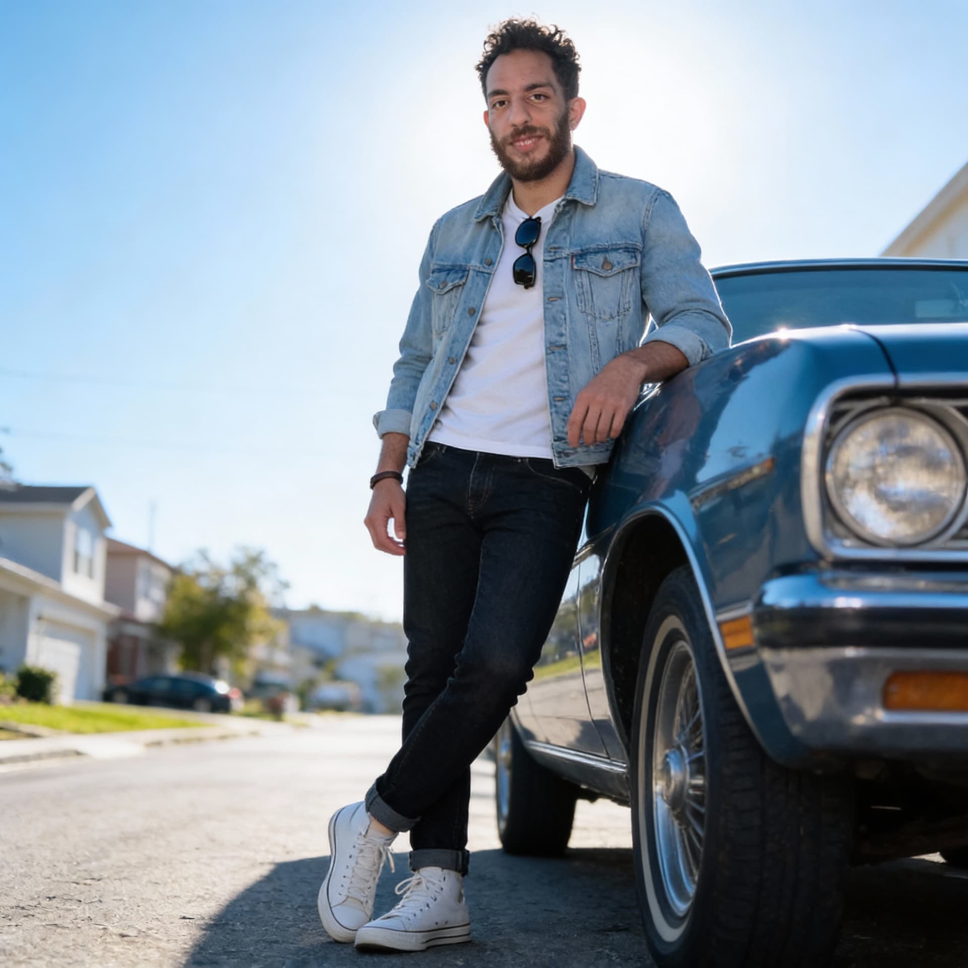 AI generated: Subject: A friendly late-20s man. Clothing: Light wash denim jacket (type II style), plain white t-s...