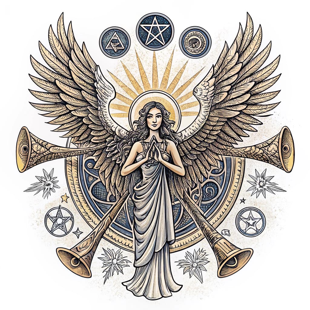 AI generated: Please create a tattoo design of a seraph surrounded by 7 trumpets in a sigilism style  