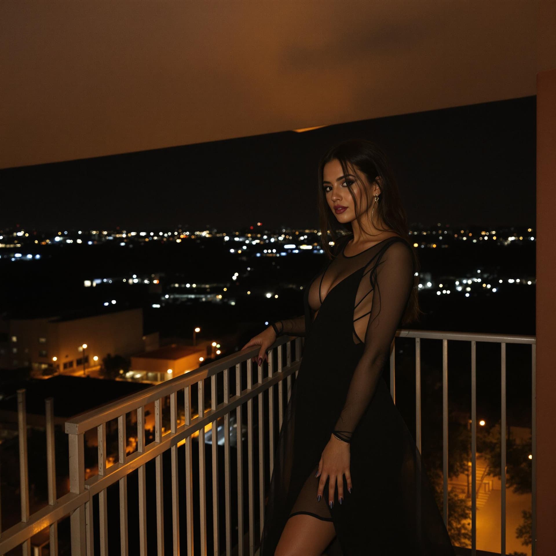 AI generated: female wearing a black dress standing on a balcony at night
