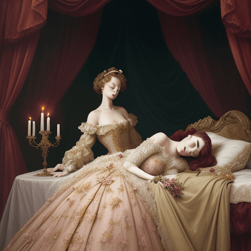 AI generated: high fashion vintage baroque style fine art full body portrait of a woman, eyes closed, wearing a ve...