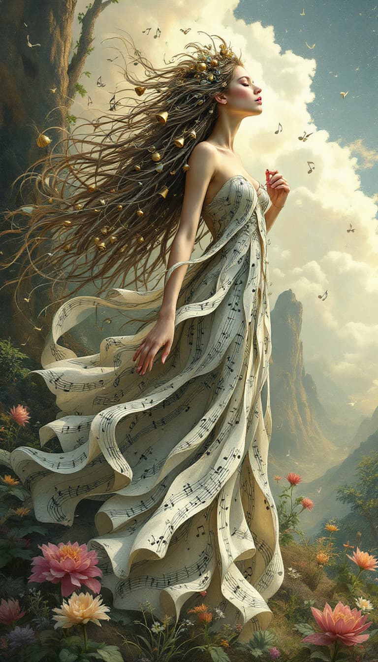 AI generated: A whimsical melody shaper, her form seeming to transform with every note that she creates, her long ...