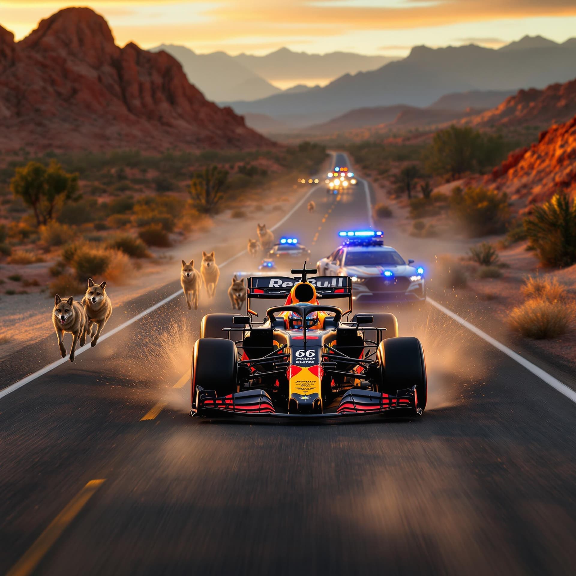 AI generated: Max Verstappen in his Ferrari F1 Red Bull race car driving down Route 66 in the Arizona Desert with ...